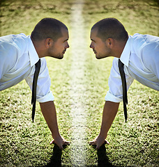 Image showing Businessman, sports field and challenge competition or mirror reflection or self improvement, corporate or goals. Male person, suit and outdoor work professional or start growth, obstacle or training