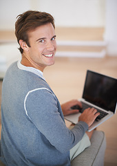 Image showing Man, portrait and laptop brainstorming or home as remote copywriter for problem solving, solution or research. Male person, face and happy web browsing for online blog connection, email or internet