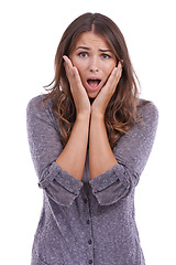 Image showing Wow, surprise and shocked woman with hands on face in studio with gossip, announcement or news on white background. Omg, panic and portrait of female model with mind blown emoji for unexpected secret