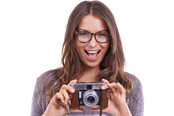 Image showing Photographer, excited woman and retro camera in studio for photoshoot, content creation and paparazzi magazine on white background. Portrait, happy journalist and photography for creative production