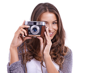 Image showing Portrait, photographer and happy woman with retro camera in studio for photoshoot, content creation and paparazzi on white background. Journalist, photography and creative production at mockup space