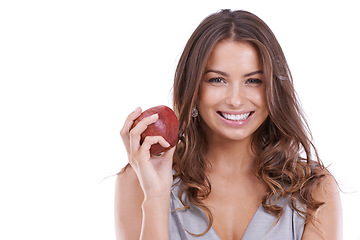 Image showing Happy woman, portrait and apple for natural nutrition, diet or healthy snack on a white studio background. Face of female person or nutritionist smile with red organic fruit in health on mockup space