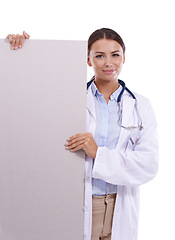 Image showing Healthcare, poster or portrait of woman doctor with studio mockup for hospital, news or info on white background. Banner, space or medic face with billboard presentation for donation or registration