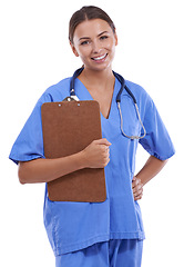 Image showing Woman, portrait and nurse in studio with clipboard, notes and healthcare information on white background. Happy doctor, surgeon and medical worker with paperwork for insurance report, script or admin