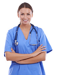 Image showing Woman, happy portrait and nurse in studio with arms crossed for expert healthcare services on white background. Surgeon, professional medical doctor and smile with pride, integrity or trust at mockup