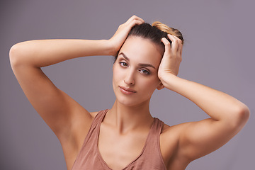 Image showing Portrait of woman, model or skincare for dermatology, facial beauty or cosmetics for healthy glow. Isolated, results or confident person with natural shine or wellness in studio on purple background