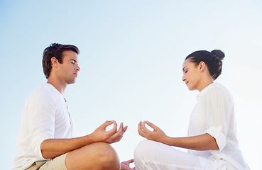 Image showing Outdoor yoga, sky or couple meditation for spiritual peace, mental health or morning stress relief exercise. Freedom, sunshine or people meditate with eyes closed for calm, zen mindset or mindfulness