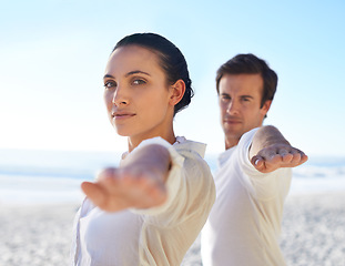 Image showing Beach, woman and portrait of couple yoga for stress relief exercise, fresh air and outdoor wellness in nature. Freedom, marriage partner and face of people doing pilates, workout or training routine
