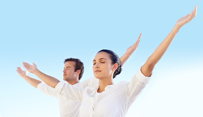 Image showing Outdoor yoga, sky and couple meditate for spiritual peace, self care and yogi healing of soul, aura or chakra energy. Freedom, eyes closed and people meditation for calm, zen mindset or mindfulness