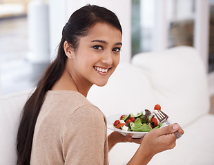 Image showing Happy woman, portrait and salad bowl for diet, nutrition or healthy snack sitting on sofa at home. Face of female person smile in relax with mixed vegetables, vitamin or meal for weight loss at house