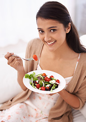 Image showing Happy woman, portrait and eating salad bowl on sofa for diet, nutrition or healthy snack at home. Face of female person smile in relax with mixed vegetables, vitamins or meal for weight loss at house