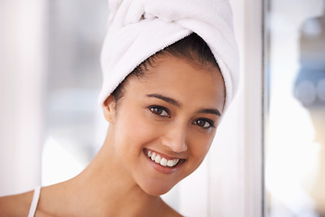 Image showing Woman, portrait and happy for skincare in bathroom, smiling and pride for beauty or facial treatment. Indian female person, dermatology and luxury cosmetics for wellness, healthy and glowing skin