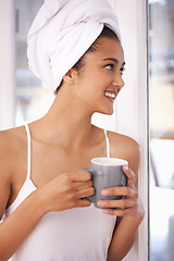 Image showing Woman, coffee and window in a home with smile in the morning from hot drink and cup. Lounge, happy and relax Indian female person with espresso or tea in a house ready to start the day with a mug