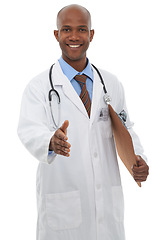 Image showing Doctor, black man and handshake, clipboard and portrait with support, intro and advice for health insurance. Kindness, respect and trust in medicine, happy medical professional on white background