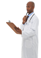 Image showing Healthcare, clipboard and man doctor thinking in studio with paper, form or surgery schedule on white background. Medical, documents and health expert with admin for hospital compliance or insurance