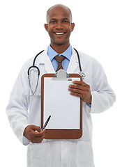 Image showing Healthcare, portrait or man doctor with clipboard, pen or signature gesture in studio on white background. Medical, mockup and face of medic with poster for insurance, sign up or hospital compliance