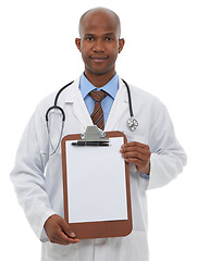 Image showing Portrait, healthcare and man doctor with clipboard, paper or form offer in studio on white background. Medical, mockup and face of male medic with poster for insurance, sign up or hospital compliance