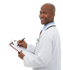 Image showing Clipboard, black man and portrait of happy doctor writing medical prescription, medicine report or healthcare information. Hospital services, clinic paperwork and studio surgeon on white background