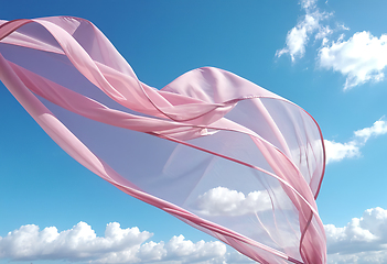 Image showing Flying pink transparent fabric wave on blue sky background and i