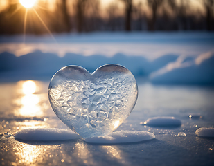 Image showing Piece of ice in the shape of a heart illuminated by rays of sun 