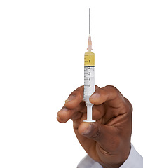 Image showing Hand, doctor and person with syringe, vaccine or medicine with drugs and healthcare on white background. Needle, prescription medication and liquid supplement for health and wellness in studio