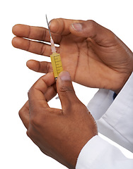 Image showing Hands, doctor and person with needle, medicine or vaccination with drugs and healthcare on white background. Syringe, prescription medication and liquid supplement for health and wellness in studio