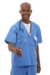 Image showing Doctor, portrait and black man with handshake offer in studio for welcome, hello or greeting sign on white background. Healthcare, face and male surgeon with shaking hands deal for partnership trust