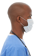 Image showing Profile, man and doctor with a mask, professional and healthcare isolated on a white studio background. African person, model and nurse with a face cover, Covid19 regulations and career with safety