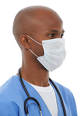 Image showing Thinking, man and doctor with a mask, professional and career isolated on a white studio background. African person, model and nurse with a face cover, Covid19 regulations and healthcare with safety