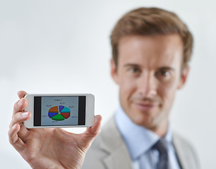 Image showing Business man, phone screen and pie chart, data or statistics for financial report, revenue and stock market. Portrait of corporate accountant on mobile for trading or sales on a white wall background