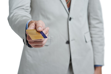 Image showing Corporate hands, credit card and studio for payment offer, fintech and professional investment, shopping or commerce. Business person with debit, finance and wealth for banking on a white background