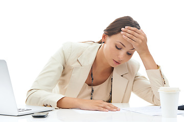 Image showing Businesswoman, paperwork and stress at desk for work as sales consultant for deadline fail, burnout or frustrated. Female person, document and anxiety headache or employee, studio or white background