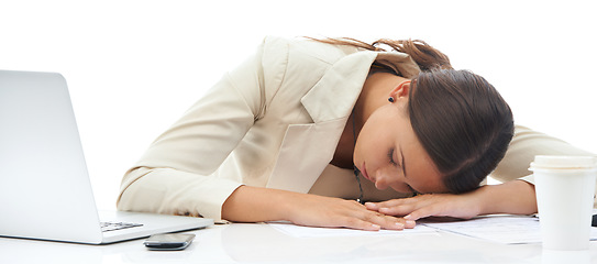 Image showing Businesswoman, laptop and sleep at desk for work as sales consultant for deadline fail, burnout or tired. Female person, paperwork and overtime fatigue employee for stress, studio or white background