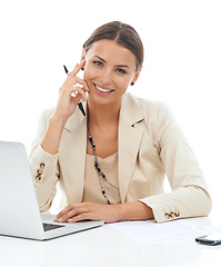 Image showing Businesswoman, portrait and corporate professional or laptop for online virtual assistant or consulting, paperwork or proposal. Female person, face and smile in studio, mockup or white background