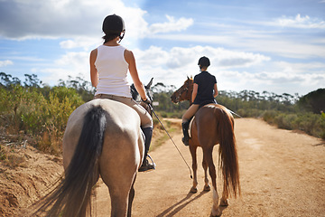 Image showing People, horse and countryside for horseback riding in texas, rider and sport training for performance. Farm, rural and nature in outdoor, adventure and animal in gravel, pet care and dirt road