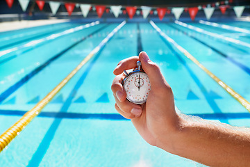 Image showing Hand, stopwatch and swimming pool for sport, training and workout with preparation for competition. Person, coach or mentor with clock, timer or watch for speed, progress and tracking lap for race