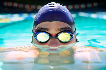 Image showing Swimming pool, goggles and sports man face for fitness exercise, outdoor workout or practice for race. Swimwear, wellness and wet swimmer doing waterpolo stroke, active cardio or training