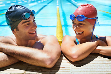 Image showing Swimming pool, happy and friends relax after sports exercise, workout routine or training in water. Swimmer, humour and team partner laughing after fitness, cardio or challenge performance