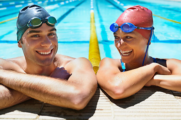 Image showing Swimming pool, portrait and happy friends relax after sports exercise, workout routine or training in water. Wet swimmer, joke and funny partner laughing after race, teamwork or challenge performance