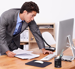 Image showing Business man, telephone and computer for communication, planning and advice or feedback on financial report. Professional accountant with phone call, documents and helping with taxes or management