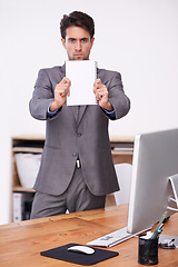 Image showing Businessman, holding and notepad in office for information, job policy and work conditions in company. Human resources manager, notice and stop with serious in workplace, professional and computer