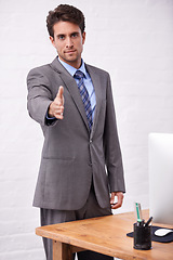 Image showing Business man, shaking hands and introduction in office interview, recruitment or welcome to b2b deal, success or offer. Portrait of corporate worker with professional handshake, onboarding or hiring