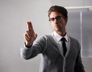 Image showing Businessman, touch and digital interface for futuristic technology with ai, glasses and cloud automation in office. Young person, vision and space with thinking in professional and virtual reality