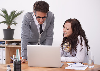 Image showing Business people, collaboration and teamwork on computer for copywriting advice, feedback and planning online. Happy professional woman, man or writer and editor on laptop, editing newsletter or email