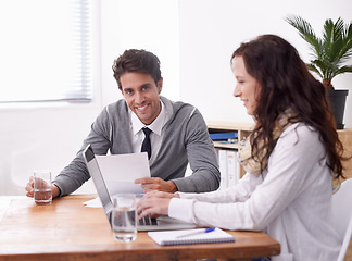 Image showing Business people, collaboration and planning on computer in office with documents for editing, review and feedback. Portrait of manager, editor or man and woman on laptop for copywriting advice