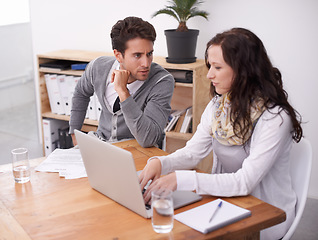 Image showing Employer, laptop and office with business meeting, conversation and workplace. Man, woman and businesspeople for recruitment, hr manager and employee with discussion, company and test interview