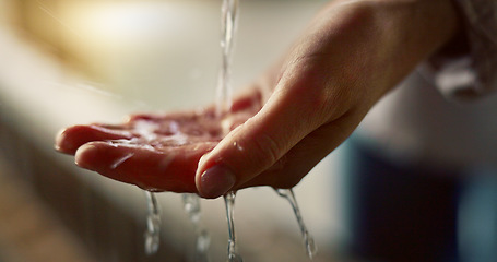 Image showing Closeup, wash hands and water for cleaning, hygiene and health for safety, immune system or germs. Person, splash and drop of liquid for wellness, zoom and stop bacteria in home for body in Tokyo