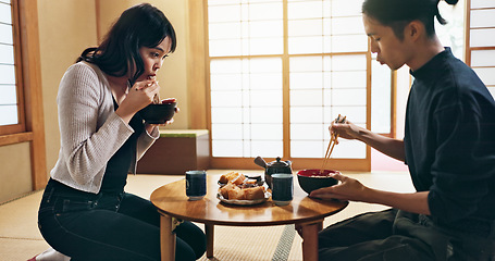 Image showing Asian people, bow for hello and eating food, couple on date with respect, culture and love together in Japan. Hungry for Japanese cuisine, trust with commitment and greeting for religion and care