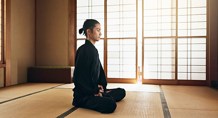 Image showing Martial arts man, meditation and exercise in Japanese dojo with mindfulness, zen or chakra balance in morning. Fighter, mma or karate person with peace, breathing and calm for yoga, wellness or floor