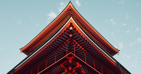 Image showing Japanese temple, blu sky and architecture, religion and traditional with building for Buddhism, for faith. Tradition, culture and landscape in Japan, place of worship with property or real estate